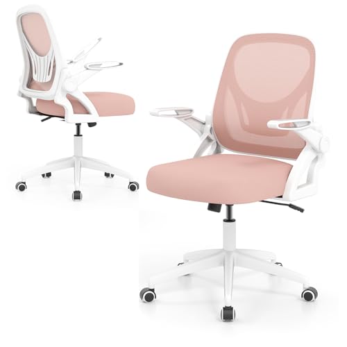 GYMAX ergonomischer Bürostuhl, Schreibtischstuhl mit Hochklappbare Armlehnen, Lendenwirbelstütze & Wippfunktion, höhenverstellbar Drehstuhl mit Rollen für die Arbeit von GYMAX