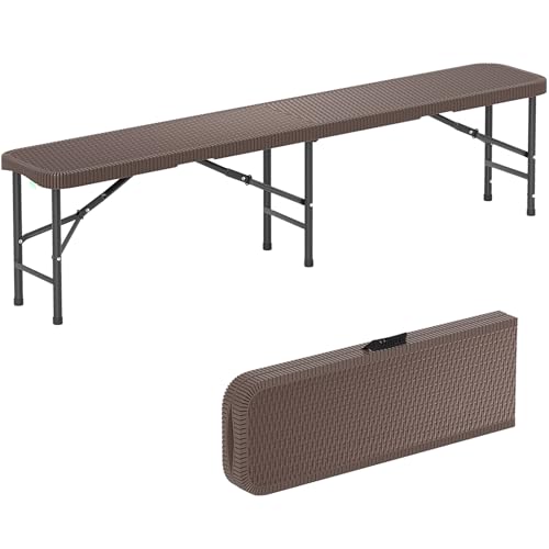 GYMAX Klappbare Campingbank, tragbarer Bierbank mit HDPE-Rattan-ähnlicher Oberfläche & Metallrahmen & Tragegriffe, 180 x 30 x 43 cm Bank für Outdoor, braun von GYMAX