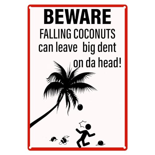 GYMSLAVE Lustiges Warnschild "Beware Falling Coconuts Can Leave Big Dent On Da Head", Retro-Blechschild für Zuhause, Tor, Garten, Bars, Cafés, Büro, Geschäft, Pubs, Club, Geschenk, 30,5 x 20,3 cm GYMSLAVE Lustiges Warnschild "Beware Falling Coconuts Can Leave Big Dent On Da Head", Retro-Blechschild für Zuhause, Tor, Garten, Bars, Cafés, Büro, Geschäft, Pubs, Club, Geschenk, 30,5 x 20,3 cm von GYMSLAVE