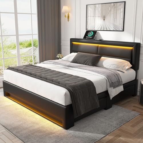 GYNGTLC Bettgestell mit USB-Anschluss, LED-Beleuchtung und Stauraum, ohne Matratze, PU-Litschi-Textur (Schwarz, 160 x 200 cm) von GYNGTLC