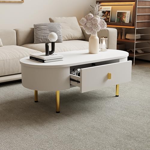 GYNGTLC Couchtisch mit Zwei Schubladen, goldenen Griffen und Beinen, gebogenen Ecken (Weiß - Couchtisch) von GYNGTLC