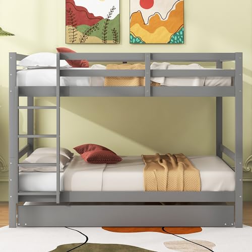 GYNGTLC Etagenbetten, Kinderbetten, Etagenbetten mit Ausziehbett, Hohe Geländer, Stabile Treppe, 140 * 200cm (Grau) von GYNGTLC