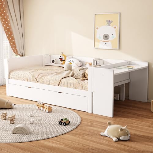 GYNGTLC Flachbett, mit ausziehbarem Bett, mit Schreibtisch, DREI Regale an der Seite des Bettes, Platzsparend und einfach zu verstauen,90 * 200cm,Weiß (Weiß, 90 * 200cm) von GYNGTLC