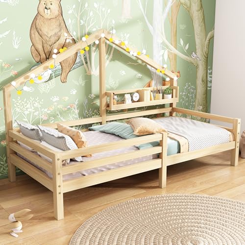 GYNGTLC Hausbett Kinderbett mit Ablageregal Kaminform 90x200 (Natur) von GYNGTLC