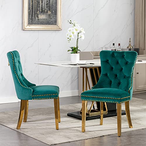 GYNGTLC High-end Tufted Solid Wood Contemporary ， Modern, Velvet Upholstered Dining Chair with Golden Stainless Steel Plating Legs,Nailhead Trim,Set of 2, Green von GYNGTLC