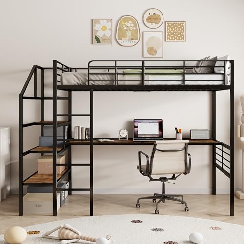 GYNGTLC Hochbett, Schreibtisch, Stufentreppe zur Aufbewahrung,90 * 200cm,Schwarz von GYNGTLC