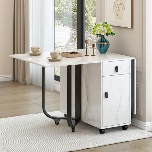 GYNGTLC Klappbarer Esstisch mit Schrank und 2 Schubladen, Multifunktionstisch, platzsparender Esstisch mit 4 Stützbeinen und Rollen (Weiß/Schwarz) von GYNGTLC