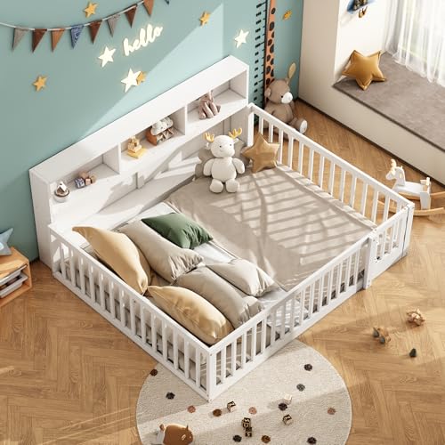 GYNGTLC Kleinkindbett,Zaunbett,Kiefernholz,Formaldehydfreies Kiefernholzbett, Bett mit Lattenrost,Ohne Matratze (Weiß, 140 * 200cm) von GYNGTLC