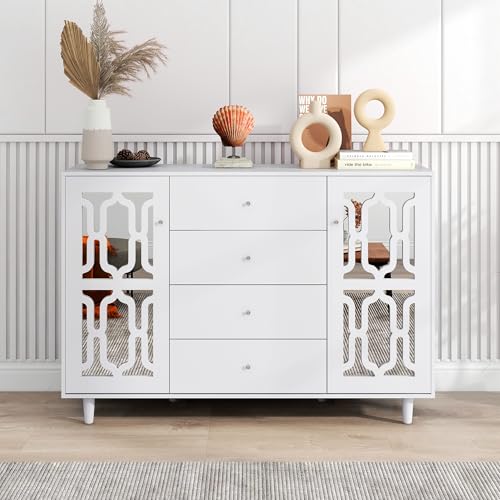 GYNGTLC Modern gestalteter Sideboard，verspiegelte Anrichte mit kühlen Kristallgriffen,verleiht EIN zeitgemäßes Aussehen. (Weiß) von GYNGTLC