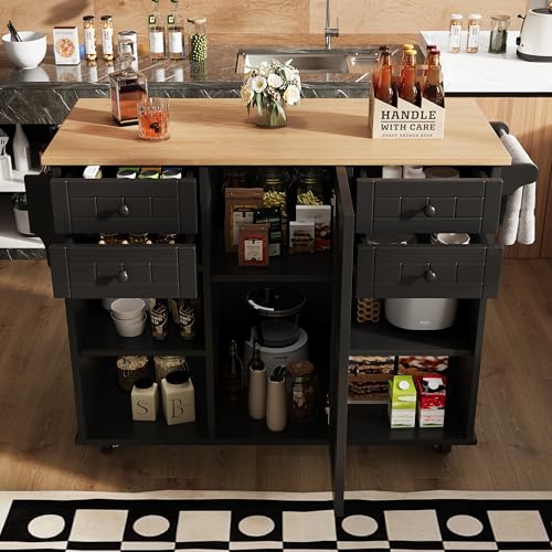 GYNGTLC Moderne Kücheninsel (127 × 46 × 91,5 cm) Esswagen mit Holzmaserung, multifunktionalem Stauraum und herausnehmbaren Trennwänden (Schwarz) von GYNGTLC