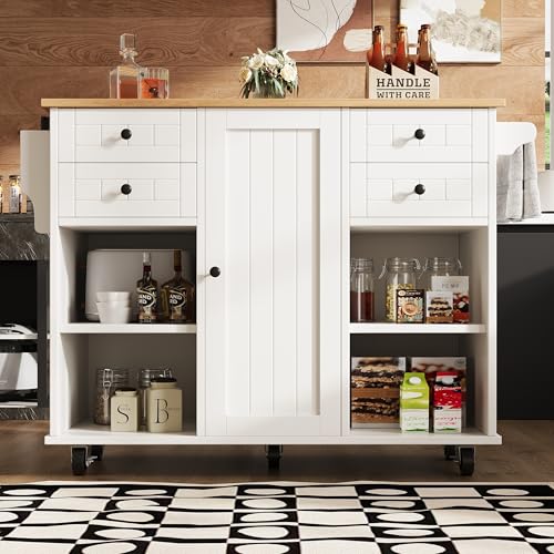 GYNGTLC Moderne Kücheninsel (127 × 46 × 91,5 cm) Esswagen mit Holzmaserung, multifunktionalem Stauraum und herausnehmbaren Trennwänden (Weiß) von GYNGTLC