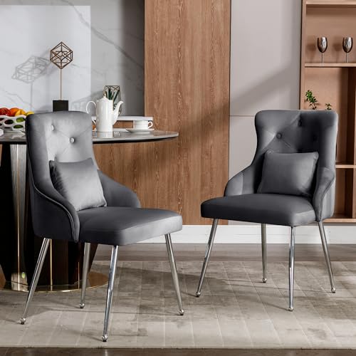 GYNGTLC Moderner Loungesessel, Schlafzimmer-Wohnzimmerstuhl mit Lendenkissen, Gepolsterter Sessel, Stühle mit Metallbeinen (grau -2er-Set) von GYNGTLC