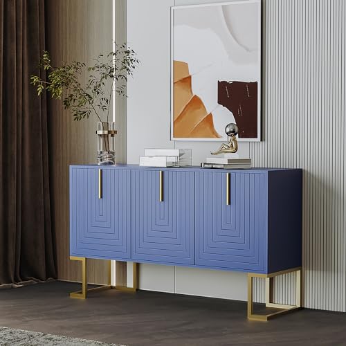 GYNGTLC Modernes 3-türiges Sideboard mit verstellbaren Regalen, U-förmigen Schranktüren und Metallgriffen und Sockel für Esszimmer und Küche (Navy blau) von GYNGTLC