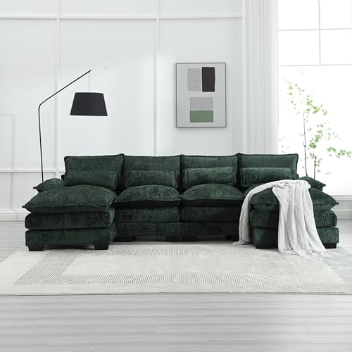 GYNGTLC Modernes U-förmiges Sofa, modulares 4-Sitzer-Sofa, 4 Lendenkissen zum Schutz der Lendenwirbelsäule und ergonomisches Design, Wohnzimmersofa mit Holzstruktur und Eisenrahmen (Smaragd) von GYNGTLC