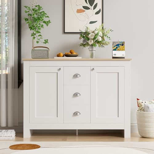 GYNGTLC Multifunktionaler Sideboard,Warmweißer Holz-Sideboard mit 2 Türen und 3 Schubladen,robust und langlebig von GYNGTLC