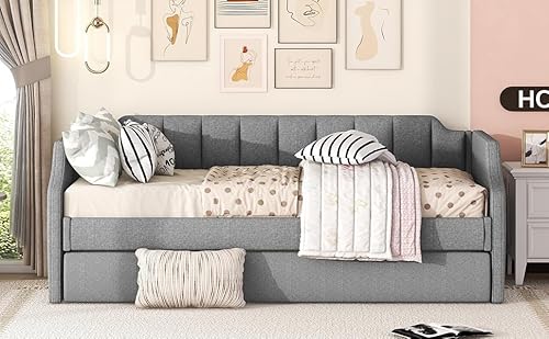 GYNGTLC Multifunktionssofa, Schub- und Zugbett mit Rolle, bequem，Gepolstertes Einzeltagesbett mit Rollbett，90 x 200cm (Grau) von GYNGTLC