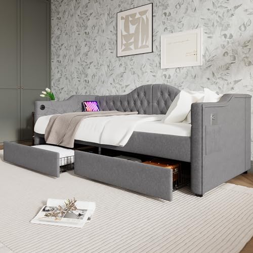 GYNGTLC Polsterbett Daybett Schlafsofa Stauraumbetten ，Bettgestell mit USB Type C Ladefunktion und 2 Schubladen (Grau-Mit Matratze) von GYNGTLC