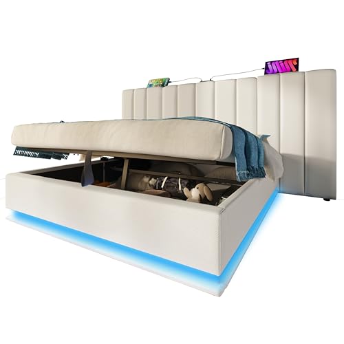 GYNGTLC Polsterbett Doppelbett Stauraumbett mit App Control LED und USB-C Ladefunktion, Bettgestell mit Lattenrost, Leinen (Weiß-Mit Matratze, 160cm×200cm) von GYNGTLC
