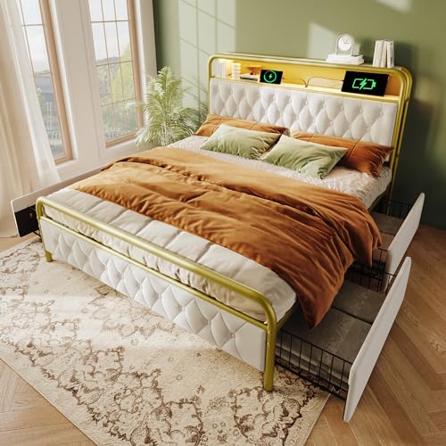 GYNGTLC Polsterbett Einzelbett mit Aufladen USB Type C Ladefunktion APP-Control LED Bettgestell Metallbett Bettrahmen und 2 Schubladen (Weiß-Ohne Matratze, 180cmx200cm) von GYNGTLC