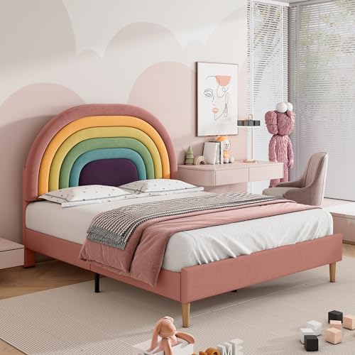 GYNGTLC Samt-Regenbogen-Polsterbett, hautsympathisch und komfortabel mit Lattenrost und Kopfteil, Jugendbett, leicht aufzubauen, höhenverstellbares Kopfteil(rosa -140 * 200cm) von GYNGTLC