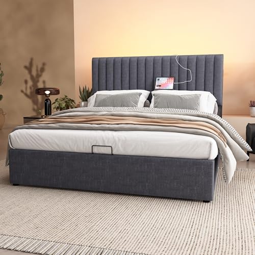 GYNGTLC Stauraum & Verstellbares Kopfteil,Polsterbett Stauraum Doppelbett LED App-Control Bett mit Aufladen USB Type C Ladefunktion (Grau+Mit Matratze, 140cm*200cm) von GYNGTLC