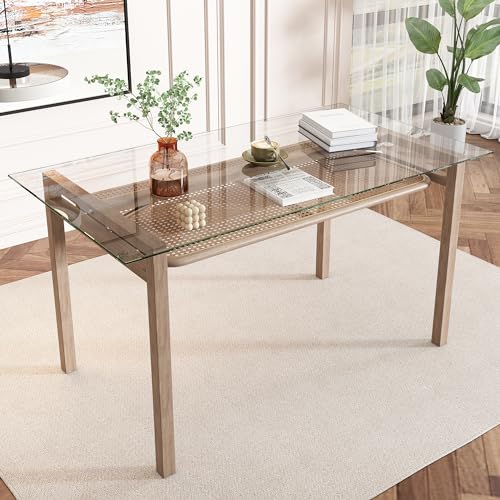 GYNGTLC Tabelle mit Stauraum,Tischplatte aus gehärtetem Glas, Rattan-Design, modernerTabelle, rechteckigerTabelle, Beige von GYNGTLC