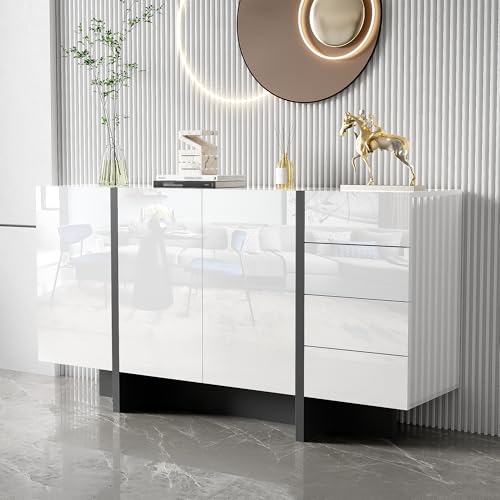 GYNGTLC Weißer Hochglanz-Sideboard, moderner und Schlichter Anrichte mit 2 Türen und 4 Schubladen, leicht zu reinigen, ideal für Wohnzimmer oder Esszimmer(Weiß-Sideboard) von GYNGTLC