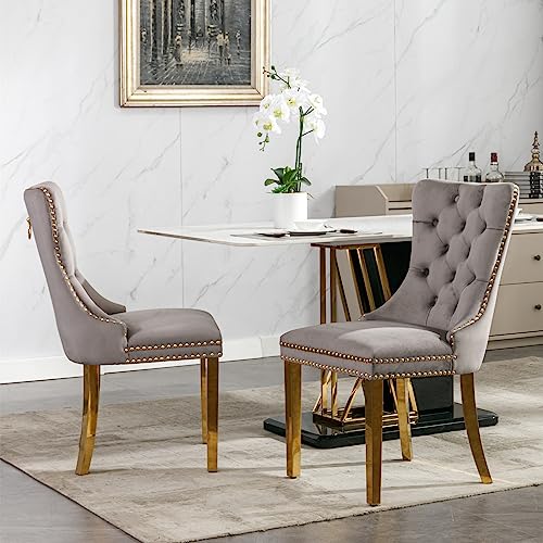 High-end Tufted Solid Wood Contemporary ，Furniture,Nikki Collection Modern, Velvet Upholstered Dining Chair with Golden Stainless Steel Plating Legs,Nailhead Trim,Set of 2, Grey and Gold von GYNGTLC