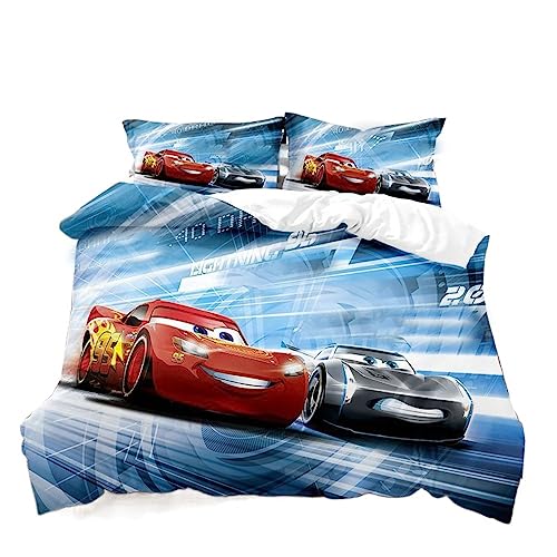 GYORI Car Bettbezug Lightning McQueen,Bettwäsche 135x200,Kissenbezug 80x80 Kinderbettwäsche Car Auto,Bettwäsche Set Kinder Jungen Mädchen (A,90x200+80x80cm) von GYORI