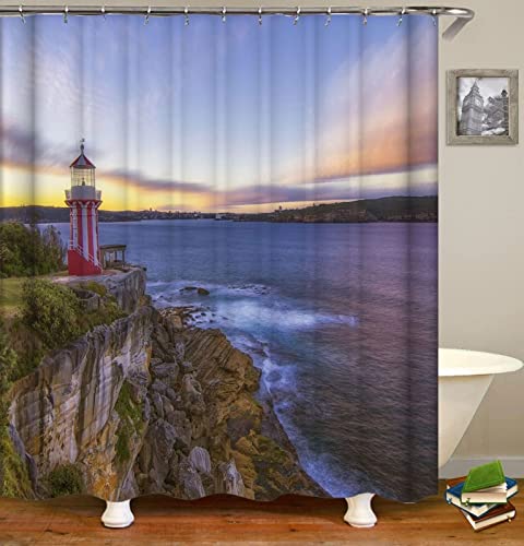 GYORI Duschvorhang 180x200 cm Meerblick Shower Curtains Leuchtturm 3D Duschvorhang Antischimmel Meerblick Wasserdicht Textil Waschbar Duschvorhänge für Badezimmer Badewannen von GYORI