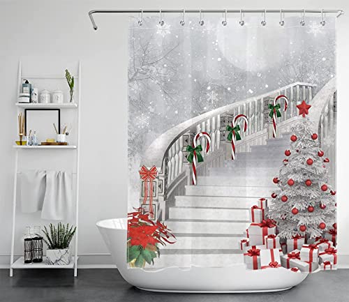 GYORI Duschvorhang 240x200 cm Weihnachten Shower Curtains Treppendekoration 3D Duschvorhang Antischimmel Weihnachten Wasserdicht Textil Waschbar Duschvorhänge für Badezimmer Badewannen von GYORI