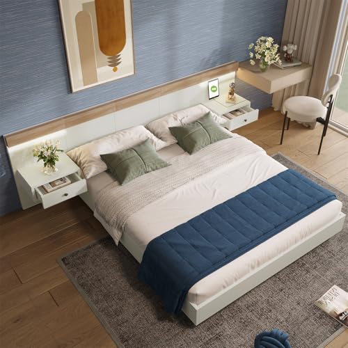 Doppelbett Bettanlage mit 2 LED Nachtkommoden& USB Type C Steckdose Holzbett inkl. 2 Nachttischen Schlafzimmer Komplett-Set in Eiche Sonoma/Weiß(Ohne Matratze),180 * 200cm von GYQSSD