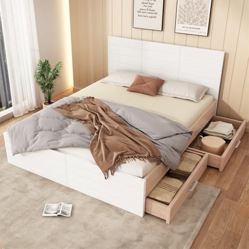 Doppelbett Holzbett Bettanlage mit 2 Schubladen,Modernes Bett inkl. Bettgestell &Lattenrost Set in Eiche/Weiß(Ohne Matratze),160 * 200cm von GYQSSD