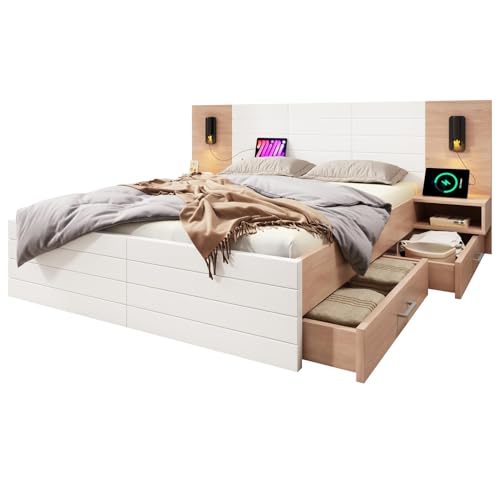 Holzbett Bettanlage Doppelbett mit 2 Schubladen,Integriertes Kopfteil mit 2 LED Nachtkommoden & USB Ladefunktion,Jugendbett Stauraumbett mit 2 Nachtkommode Lattenrost,Ohne Matratze,180 * 200cm von GYQSSD