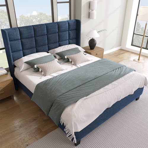 Modernes Design Polsterbett Mit Seinem Gepolstertes Kopfteil Einzelbett mit Lattenrost, Leinen, mittelfest (Ohne Matratze),90 * 200cm-Blue von GYQSSD