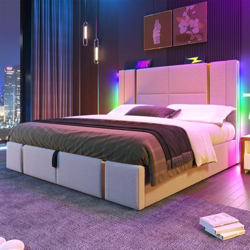 Polsterbett Doppelbett,LED Einzelbett Stauraumbett mit USB Type C Ladefunktion und APP-Control,Funktionsbetten Rückenlehne Bettgestell mit Stauraum und Lattenrost,Leinen,Ohne Matratze,160 * 200cm Polsterbett Doppelbett,LED Einzelbett Stauraumbett mit USB Type C Ladefunktion und APP-Control,Funktionsbetten Rückenlehne Bettgestell mit Stauraum und Lattenrost,Leinen,Ohne Matratze,160 * 200cm von GYQSSD