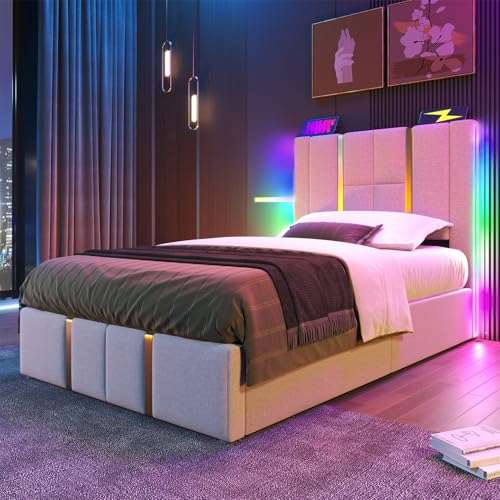 Polsterbett Doppelbett,LED Einzelbett Stauraumbett mit USB Type C Ladefunktion und APP-Control,Funktionsbetten Rückenlehne Bettgestell mit Stauraum und Lattenrost,Leinen,Ohne Matratze,90 * 200cm Polsterbett Doppelbett,LED Einzelbett Stauraumbett mit USB Type C Ladefunktion und APP-Control,Funktionsbetten Rückenlehne Bettgestell mit Stauraum und Lattenrost,Leinen,Ohne Matratze,90 * 200cm von GYQSSD