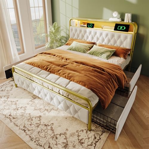 Polsterbett Doppelbett mit Aufladen USB Type C Ladefunktion, Metallbett Einzelbett mit Stauraum-Kopfteil und LED-Beleuchtung, Stauraumbetten Bettgestell, Samt, Ohne Matratze,140 * 200cm-White Polsterbett Doppelbett mit Aufladen USB Type C Ladefunktion, Metallbett Einzelbett mit Stauraum-Kopfteil und LED-Beleuchtung, Stauraumbetten Bettgestell, Samt, Ohne Matratze,140 * 200cm-White von GYQSSD