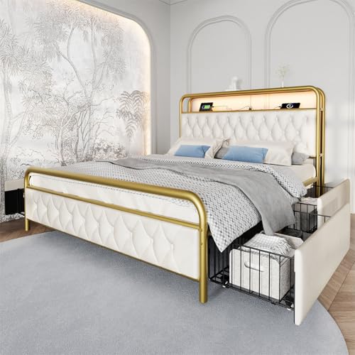 Polsterbett Doppelbett mit aufladen USB Type C Ladefunktion APP-Control LED Bettgestell Metallbett Einzelbett Bettrahmen und 4 Schubladen, Samt, Ohne Matratze,180 * 200cm-White Polsterbett Doppelbett mit aufladen USB Type C Ladefunktion APP-Control LED Bettgestell Metallbett Einzelbett Bettrahmen und 4 Schubladen, Samt, Ohne Matratze,180 * 200cm-White von GYQSSD