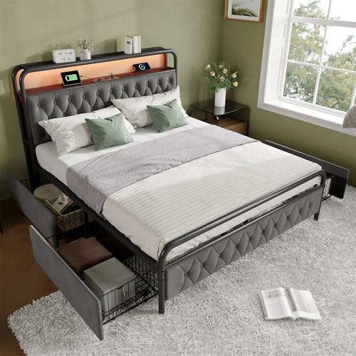 Polsterbett Doppelbett mit aufladen USB Type C Ladefunktion APP-Control LED Bettgestell Metallbett Einzelbett Bettrahmen und 4 Schubladen, Samt, Ohne Matratze,90 * 200cm-Grey Polsterbett Doppelbett mit aufladen USB Type C Ladefunktion APP-Control LED Bettgestell Metallbett Einzelbett Bettrahmen und 4 Schubladen, Samt, Ohne Matratze,90 * 200cm-Grey von GYQSSD