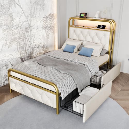 Polsterbett Doppelbett mit aufladen USB Type C Ladefunktion APP-Control LED Bettgestell Metallbett Einzelbett Bettrahmen und 4 Schubladen, Samt, Ohne Matratze,90 * 200cm-White Polsterbett Doppelbett mit aufladen USB Type C Ladefunktion APP-Control LED Bettgestell Metallbett Einzelbett Bettrahmen und 4 Schubladen, Samt, Ohne Matratze,90 * 200cm-White von GYQSSD