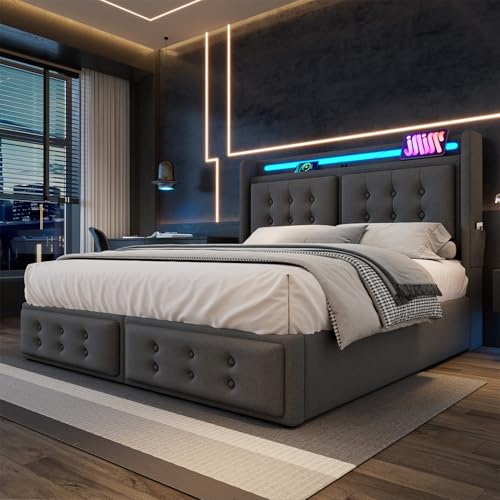 Polsterbett Einzelbett, LED Doppelbett mit 4 Schubladen und Holz Lattenrost, Kopfteil mit USB-C Ladefunktion, Funktionsbett Stauraumbett Rückenlehne Bettgestell, ohne Matratze,140 * 200cm-Grey Polsterbett Einzelbett, LED Doppelbett mit 4 Schubladen und Holz Lattenrost, Kopfteil mit USB-C Ladefunktion, Funktionsbett Stauraumbett Rückenlehne Bettgestell, ohne Matratze,140 * 200cm-Grey von GYQSSD
