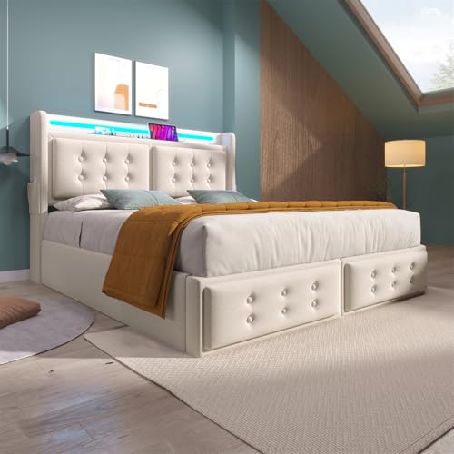 Polsterbett Einzelbett, LED Doppelbett mit 4 Schubladen und Holz Lattenrost, Kopfteil mit USB-C Ladefunktion, Funktionsbett Stauraumbett Rückenlehne Bettgestell, ohne Matratze,140 * 200cm-White Polsterbett Einzelbett, LED Doppelbett mit 4 Schubladen und Holz Lattenrost, Kopfteil mit USB-C Ladefunktion, Funktionsbett Stauraumbett Rückenlehne Bettgestell, ohne Matratze,140 * 200cm-White von GYQSSD