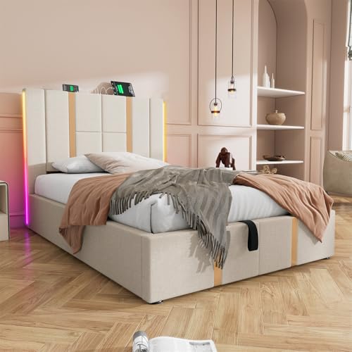 Polsterbett Einzelbett Doppelbett USB Type C Ladefunktion APP-Control LED Stauraumbetten Bettgestell, Lattenrost aus Holz, Leinenmaterial, Ohne Matratze,140 * 200cm Polsterbett Einzelbett Doppelbett USB Type C Ladefunktion APP-Control LED Stauraumbetten Bettgestell, Lattenrost aus Holz, Leinenmaterial, Ohne Matratze,140 * 200cm von GYQSSD