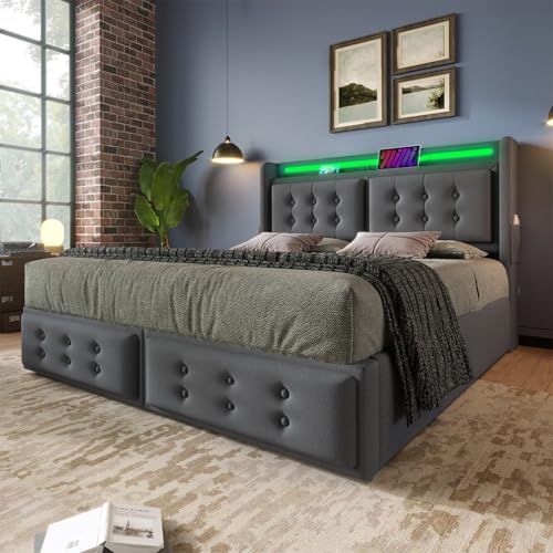 Polsterbett Einzelbett Doppelbett mit Led-Kopfteil und USB C Ladefunktion, Hydraulisches Bett mit Lattenrost aus Holz und Metallrahmen, Belastbarkeit 300 kg,Baumwolle(Ohne Matratze),160 * 200cm-Grey von GYQSSD
