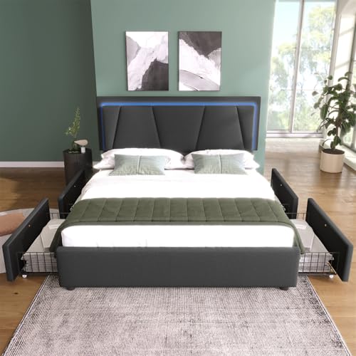 Polsterbett Einzelbett mit LED-Beleuchtung Schubladen,Höhenverstellbare Kopfteil,Doppelbett Jugendbett mit Lattenrost aus Holz,Gepolstertes Bett Funktionsbett Rückenlehne,Ohne Matratze,160*200cm-Grey von GYQSSD
