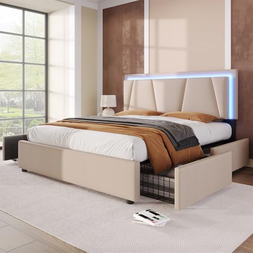 Polsterbett Einzelbett mit LED-Beleuchtung Schubladen,Höhenverstellbare Kopfteil,Doppelbett Jugendbett mit Lattenrost aus Holz,Gepolstertes Bett Funktionsbett Rückenlehne,Ohne Matratze,90*200cm-Beige von GYQSSD