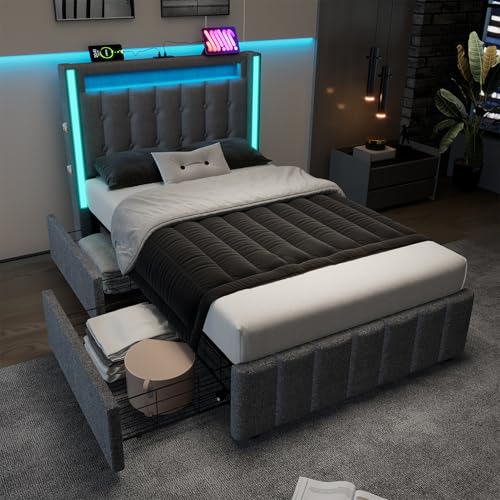 Polsterbett Einzelbett mit USB-Typ-C-Ladefunktion und LED-Beleuchtung Kopfteil, Stauraumbetten mit 2 Schubladen, Bettgestell mit Holz Lattenrost, Leinen, Ohne Matratze,140 * 200cm von GYQSSD