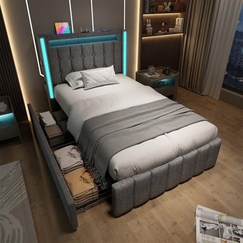 Polsterbett USB Typ C Ladefunktion LED-Beleuchtung und 2 Schubladen, Jugendbetten Einzelbett Stauraumbetten Bettgestell, Lattenrost aus Holz, Grau (Ohne Matratze),90 * 200cm von GYQSSD