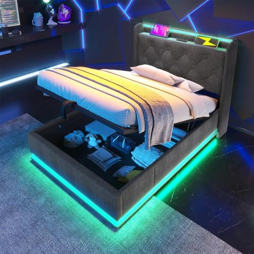 Polsterbett einzelbett, 360-Surround-LED-Funktion, Drucktaste/App/Fernbedienung, Hydraulisches Lagerbett, gepolstertes Kopfteil mit USB Typ-C Ladefunktion (Ohne Matratze),140 * 200cm-Grey von GYQSSD
